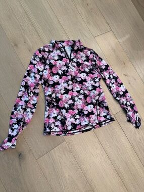 Floral Long Sleeve Gfore Quarter-Zip Top - Black with Pink & White Flowers
